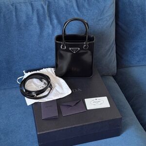 Prada Small Brushed Leather BlackTote Bag